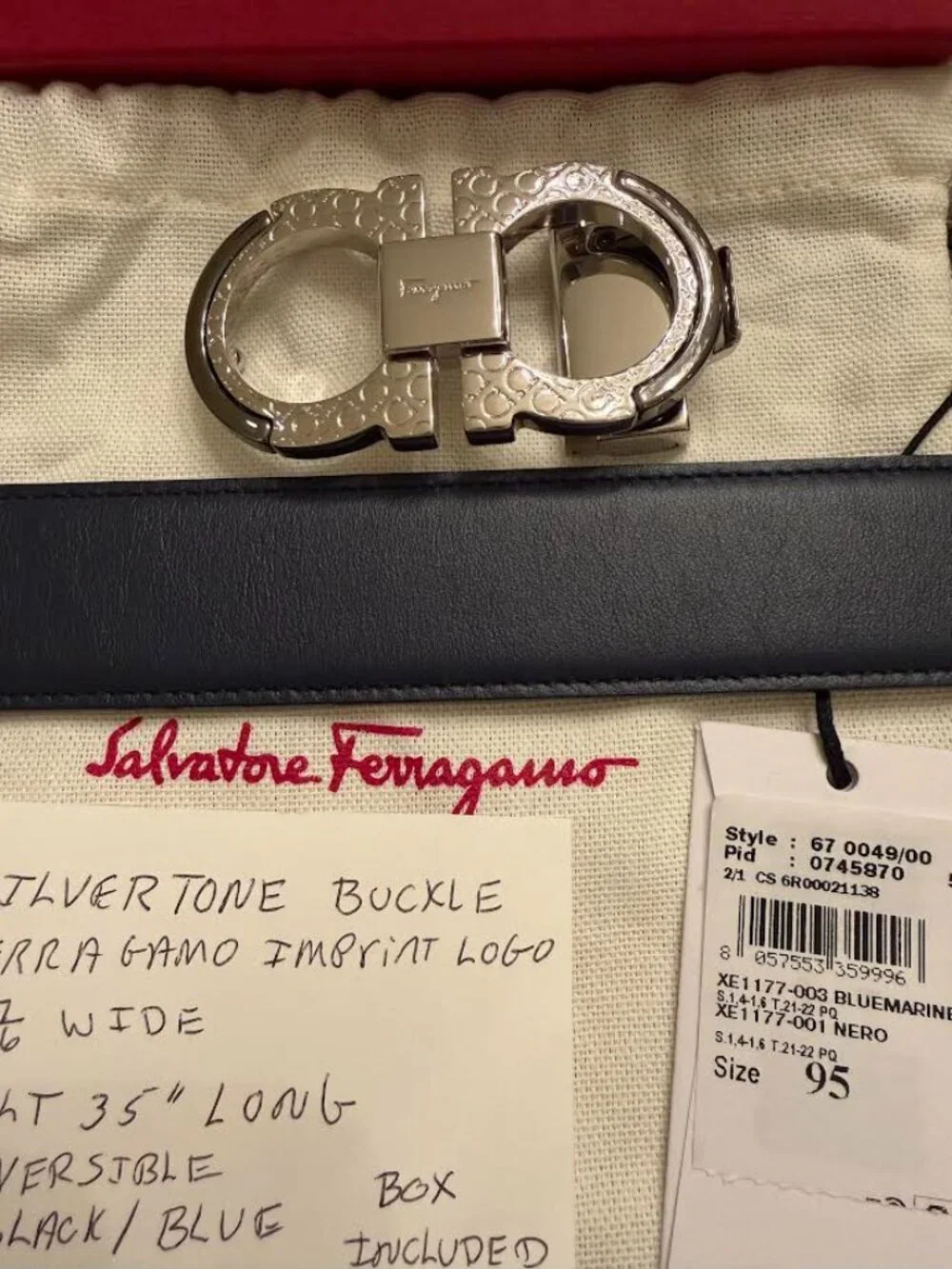 Ferragamo Silvertone Buckle with Imprinted Logo Black Blue Reversable